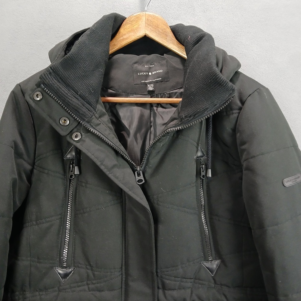 Lucky Brand Puffer Coat Womens XL Black Insulated Full Zip Hooded Thermal Winter - Picture 3 of 9